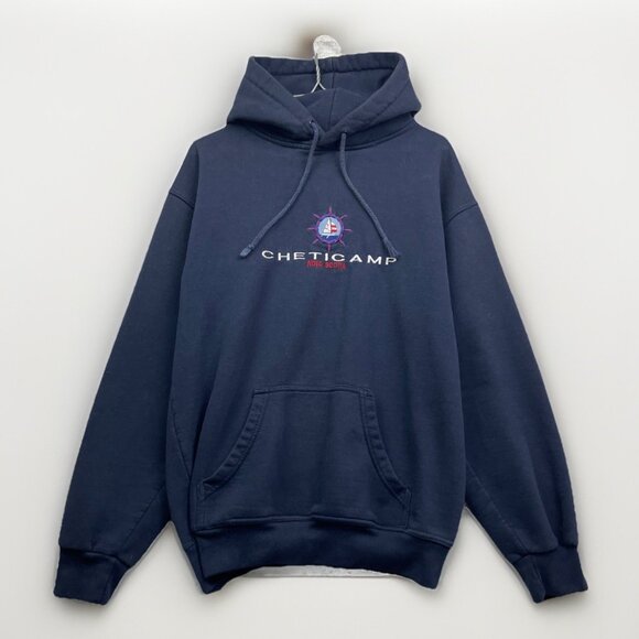 VTG Cheticamp Nova Scotia Canada Hoodie Mens M Navy Blue Costal Sea Embroidery** - Picture 1 of 10